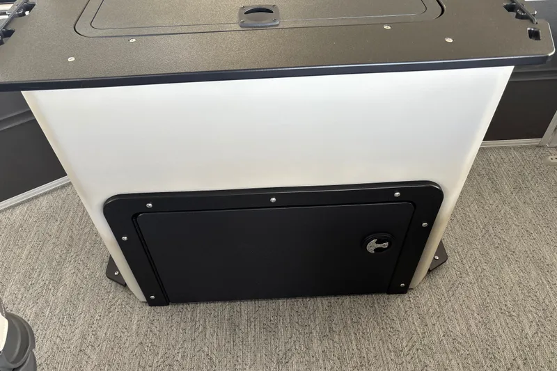 Slide: The Image of 2026 Sun Tracker Fishin' Barge 20 DLX storage compartment on carpeted deck. - 25
