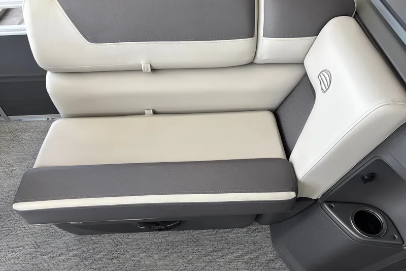 Slide: The Image of 2026 Sun Tracker Fishin' Barge 20 DLX boat seat, gray and white upholstery. - 17