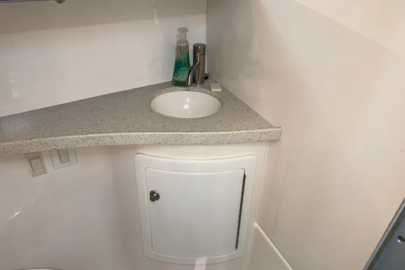 Slide: The Image of Compact bathroom sink area in a 2017 Regal 28 Express boat. - 14
