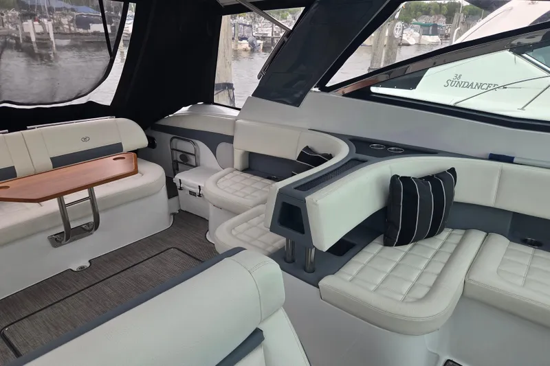 Slide: The Image of Luxurious interior of 2017 Cobalt A40 Coupe yacht with plush seating and elegant design. - 11