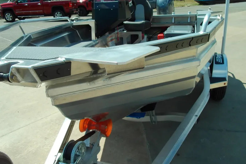 Slide: The Image of 2026 Stabicraft 1450 Frontier boat on trailer, showcasing aluminum hull design. - 10