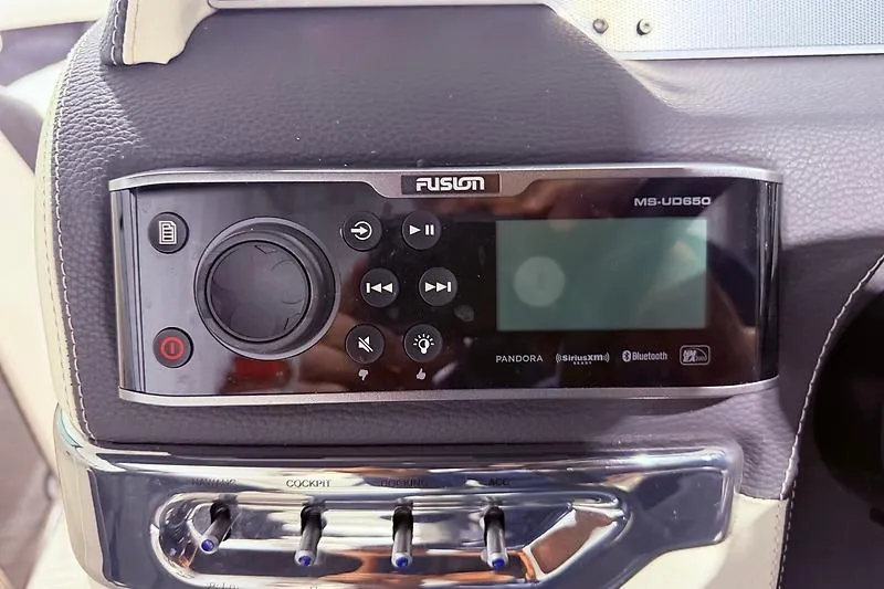 Slide: The Image of Fusion MS-UD650 stereo system on 2016 Regal 24 FasDeck RX boat dashboard. - 34