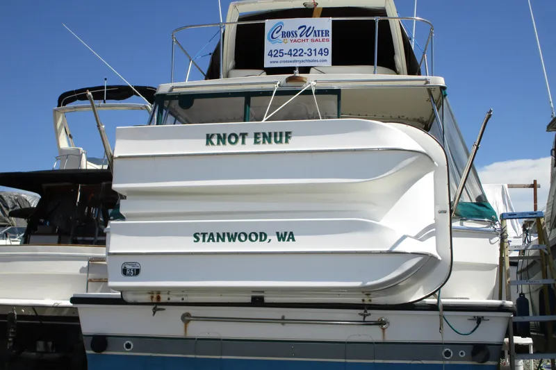 Slide: The Image of 1989 Bayliner 3288 Motoryacht "Knot Enuf" docked in Stanwood, WA. - 1