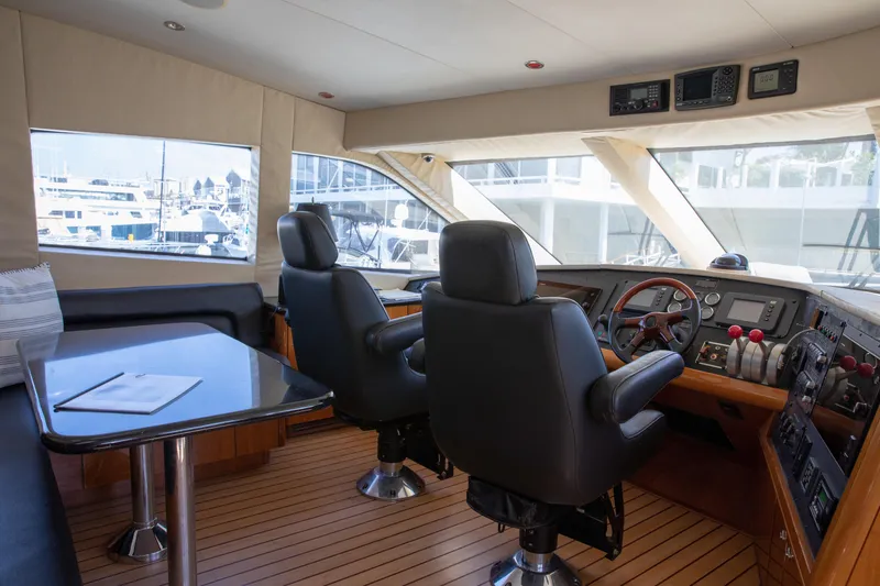 Slide: The Image of Pilothouse interior of 2002 Hatteras 63 Raised Pilothouse Motor Yacht with helm and seating area. - 44