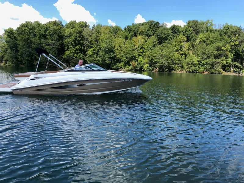 The Image of 2014 Sea Ray 220 Sundeck on a calm lake with wooded backdrop. - 0