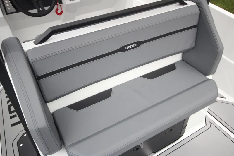 Slide: The Image of Gray seating area on Iron 767 boat, model year 2026. - 22