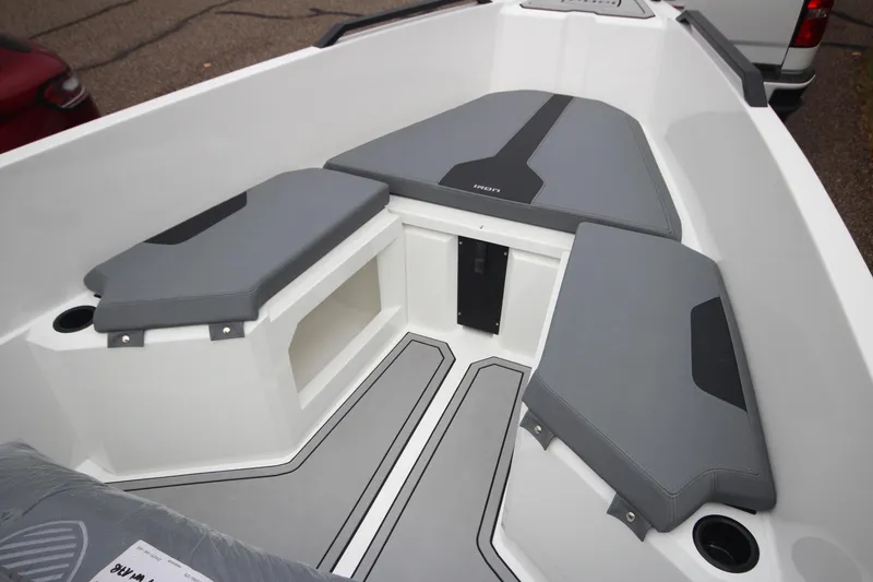 Slide: The Image of Modern boat interior with gray seating, Iron 767 model, 2026 design. - 29