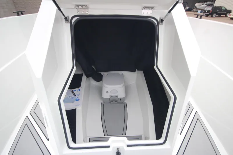 Slide: The Image of Interior view of Iron 767 boat's compact cabin with a toilet, 2026 model. - 36