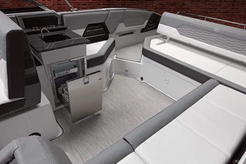 Slide: The Image of Manufacturer Provided Image: 2025 Cobalt A29 boat interior with sleek seating and modern amenities. - 11