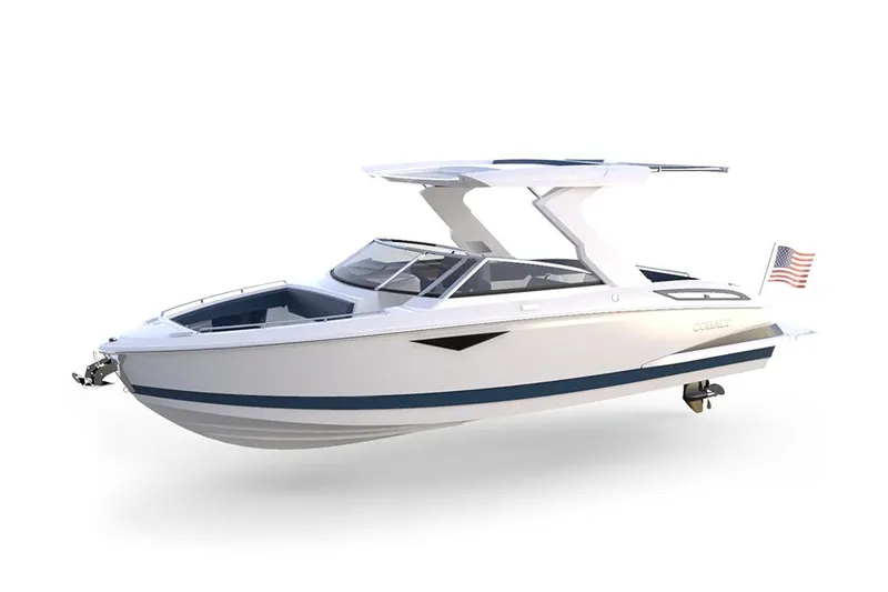 Slide: The Image of Manufacturer Provided Image: 2025 Cobalt A29 boat with sleek design, white hull, and American flag. - 14