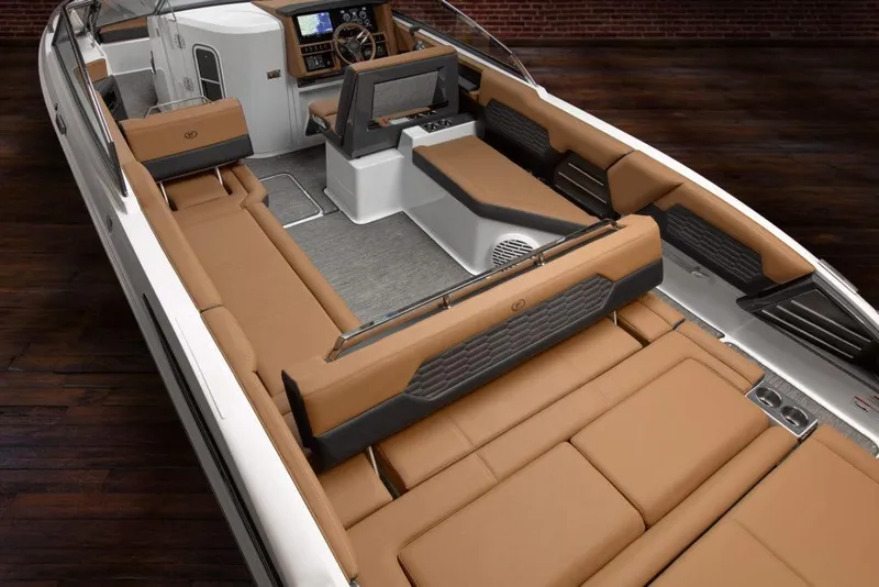 Slide: The Image of Manufacturer Provided Image: 2025 Cobalt A29 boat interior with luxurious tan seating and modern dashboard. - 8