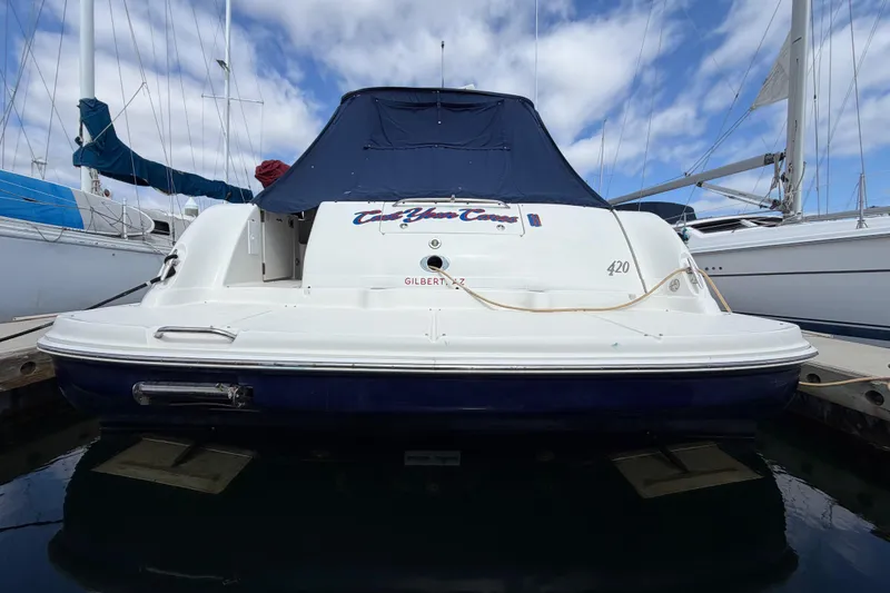 Slide: The Image of 2003 Sea Ray 420 Sundancer docked, featuring a sleek design and blue canopy. - 46