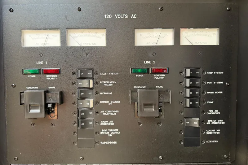 Slide: The Image of Electrical control panel of a 2003 Sea Ray 420 Sundancer boat, showing switches and meters. - 61