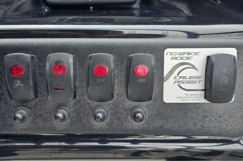 Slide: The Image of Control panel of a 2019 Yamaha Boats AR195 featuring various switches and cruise assist. - 11