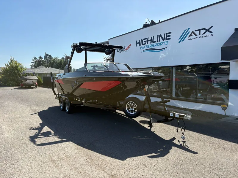 Slide: The Image of 2024 ATX 22 Type-S boat outside Highline Watersports store. - 4