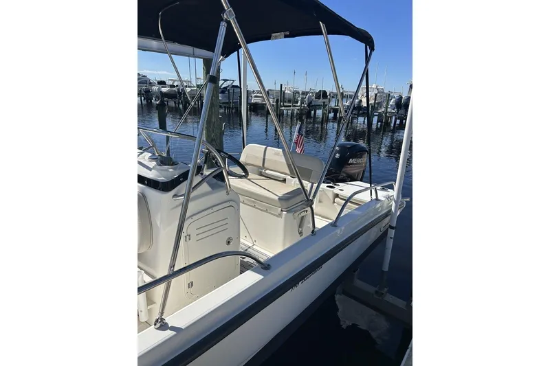 Slide: The Image of 2019 Boston Whaler 170 Dauntless boat docked, featuring a canopy and Mercury engine. - 4