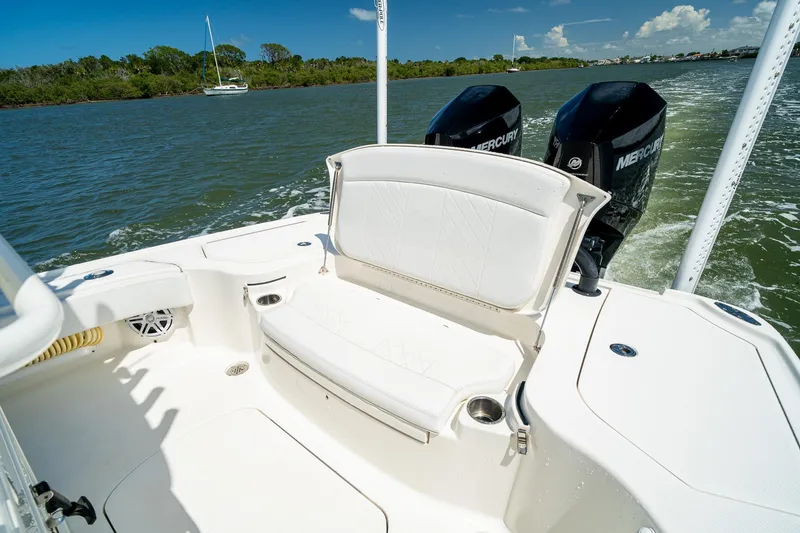Slide: The Image of 2018 SeaVee 270Z boat with dual Mercury engines on a sunny day. - 43