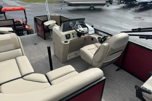Slide: The Image of Pontoon boat interior with beige seating, steering console; Viaggio Lago 18F, 2022 model. - 8