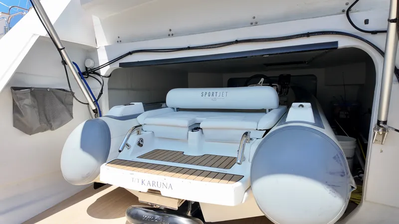Slide: The Image of LEEN-TRIMARANS 72, 2024 model with Sportjet 435 in storage. - 38