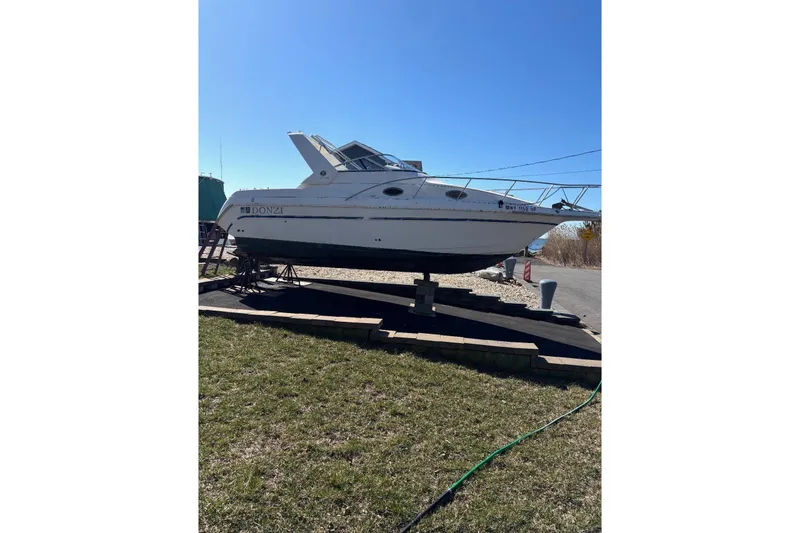 The Image of 1997 Donzi 255 LXC boat on dry dock, sunny day, grassy foreground. - 0