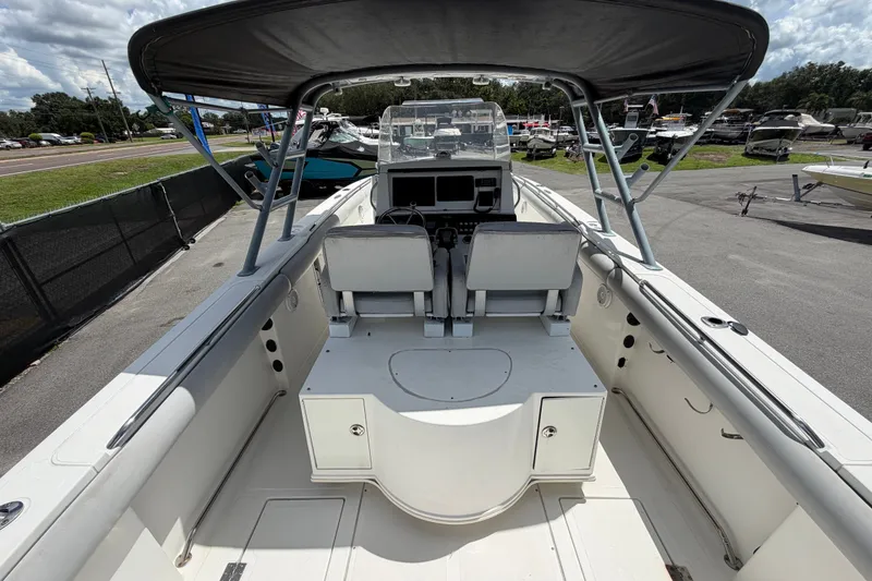 Slide: The Image of 2011 Jefferson Marlago FS35 boat interior with dual seats and canopy. - 17