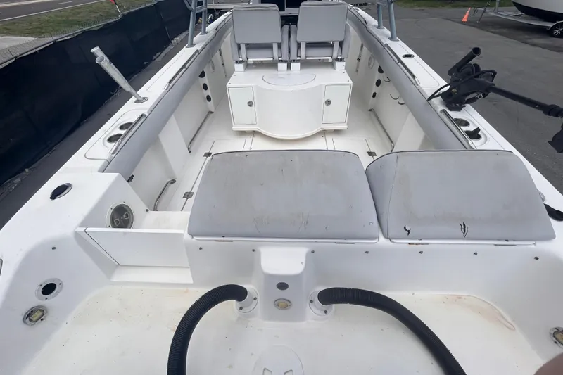 Slide: The Image of Open deck of a 2011 Jefferson Marlargo FS35 boat with seating and storage. - 15