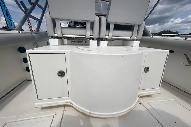 Slide: The Image of 2011 Jefferson Marlargo FS35 boat interior with storage compartments and seating. - 22
