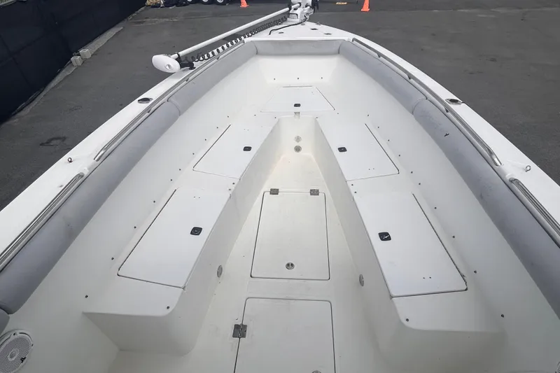 Slide: The Image of Bow view of a 2011 Jefferson Marlargo FS35 boat, featuring spacious storage compartments. - 33