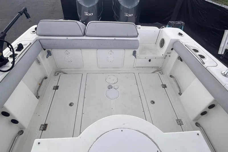 Slide: The Image of Spacious deck of 2011 Jefferson Marlargo FS35 boat with seating and storage compartments. - 50