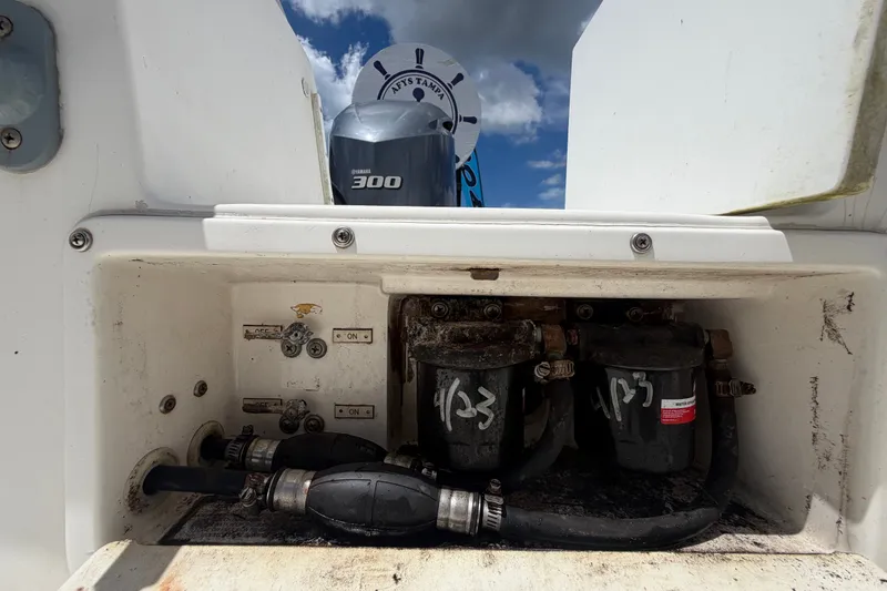 Slide: The Image of Fuel system compartment of a 2011 Jefferson Marlago FS35 boat with Yamaha 300 engine. - 89