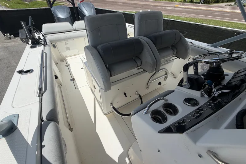 Slide: The Image of 2011 Jefferson Marlago FS35 boat interior with dual seats and steering console. - 78