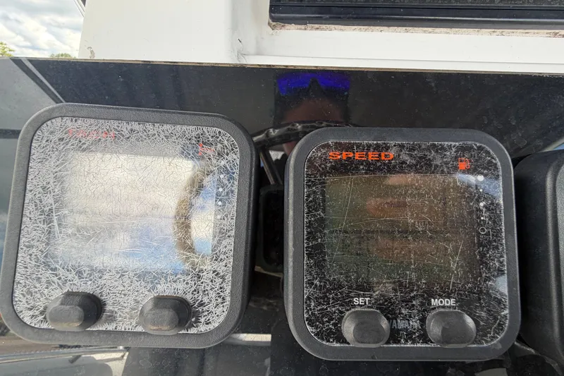 Slide: The Image of Dashboard instruments on a 2011 Jefferson Marlago FS35 boat, showing speed and other metrics. - 38