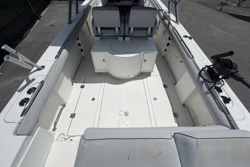 Slide: The Image of 2011 Jefferson Marlago FS35 boat interior with seating and fishing rod holders. - 16