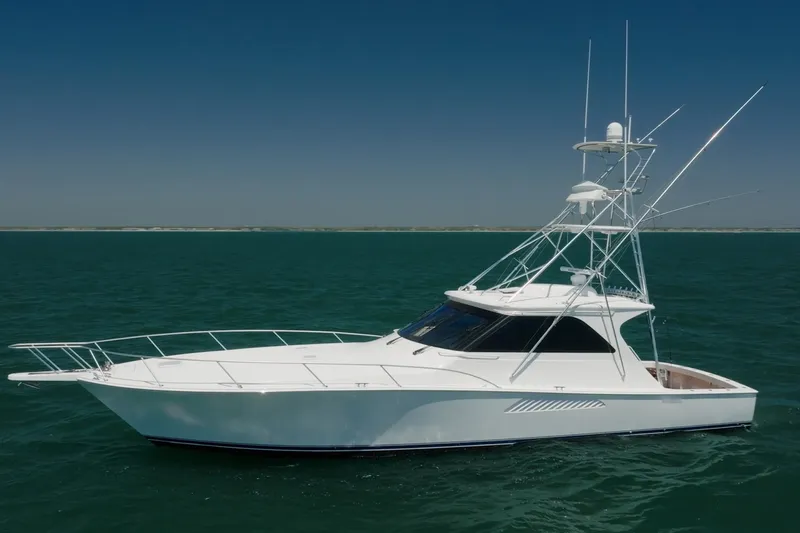 The Image of 2008 Viking 52 Sport Coupe yacht on open water under clear sky. - 1