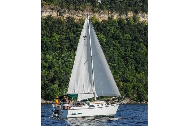 Slide: The Image of Sailboat Com-Pac 25 (1995) cruising on a scenic lake with lush green cliffs. - 2