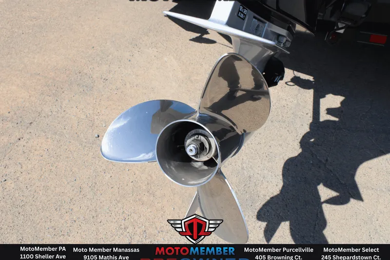 Slide: The Image of 2020 Ranger RT198P boat propeller on display, showcasing shiny metal blades. - 12