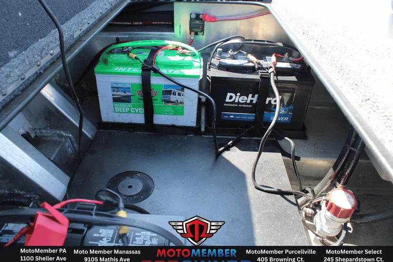 Slide: The Image of Battery compartment of a 2020 Ranger RT198P boat with Interstate and DieHard batteries. - 14
