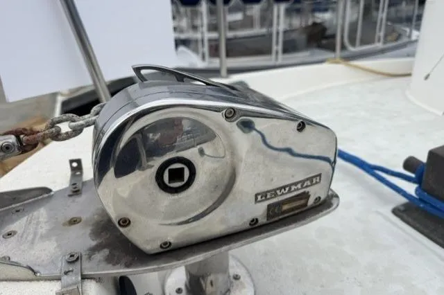Slide: The Image of Chrome Lewmar winch on 1983 Nordic Tug 26 boat deck. - 26