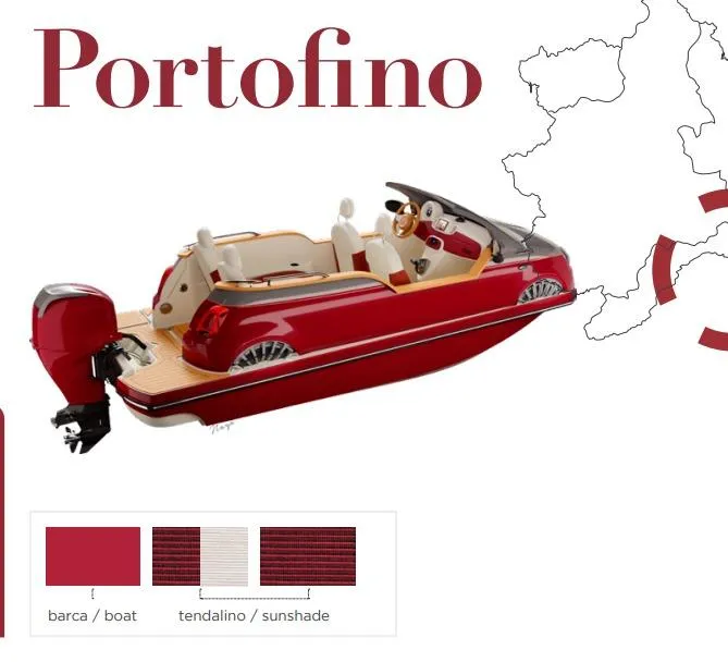 Slide: The Image of Red Fiat 500 Classic boat with sunshade, labeled "Portofino," 2025 model. - 30