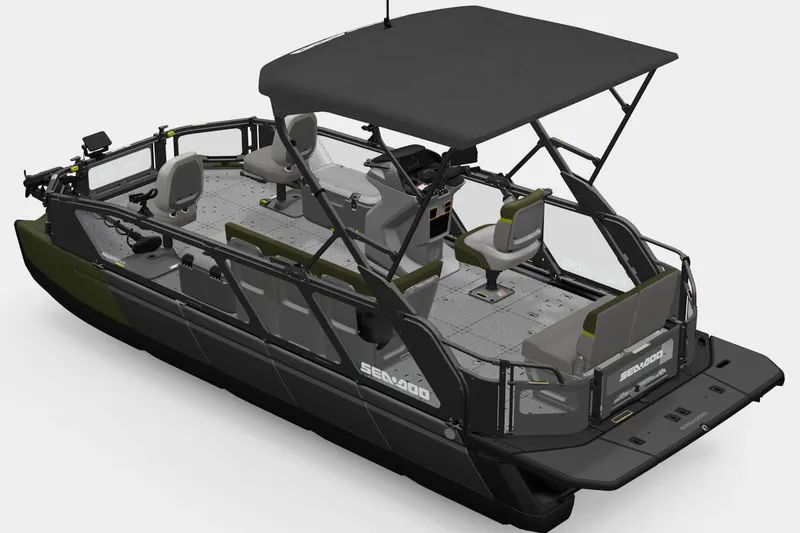 Slide: The Image of 2026 Sea-Doo Switch Fish 21 pontoon boat with canopy and seating arrangement. - 30