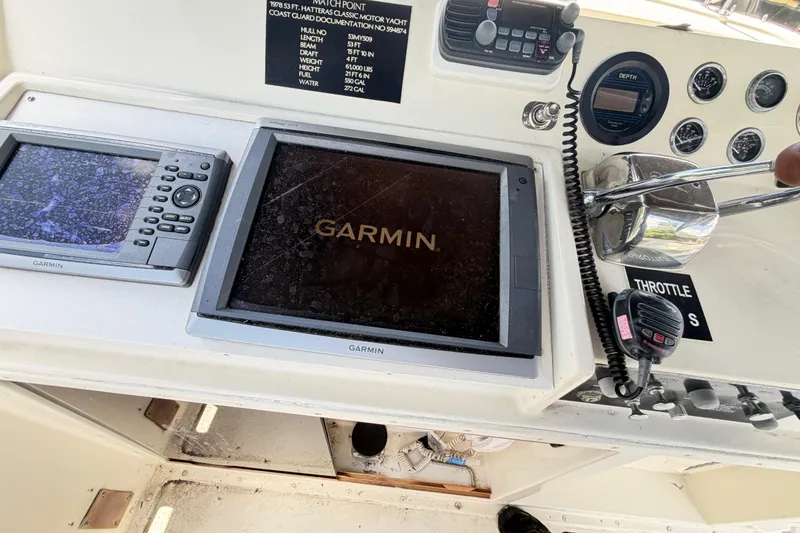 Slide: The Image of 1978 Hatteras 53 Motor Yacht helm with Garmin navigation and throttle controls. - 41