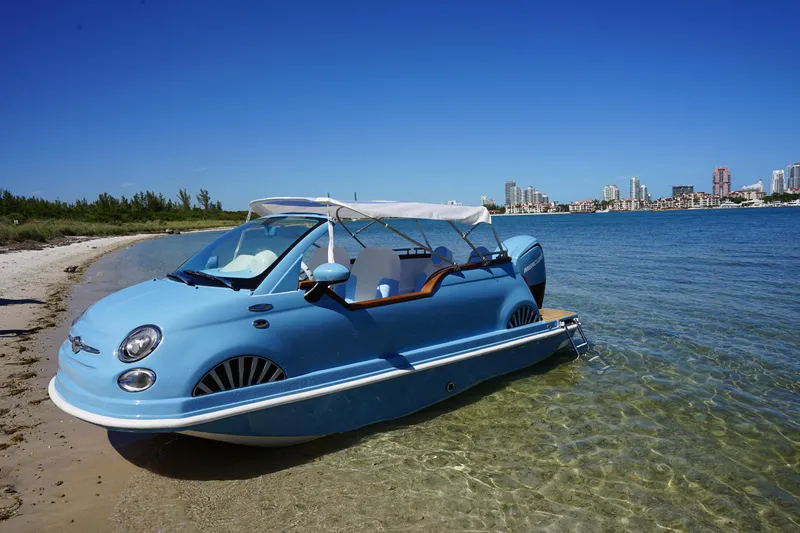 Slide: The Image of Amphibious vehicle resembling a Fiat 500 Classic, 2025 model, parked on a beach. - 4