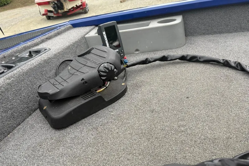 Slide: The Image of 2015 Tracker Pro Team 175 TF boat deck with trolling motor and fish finder. - 8