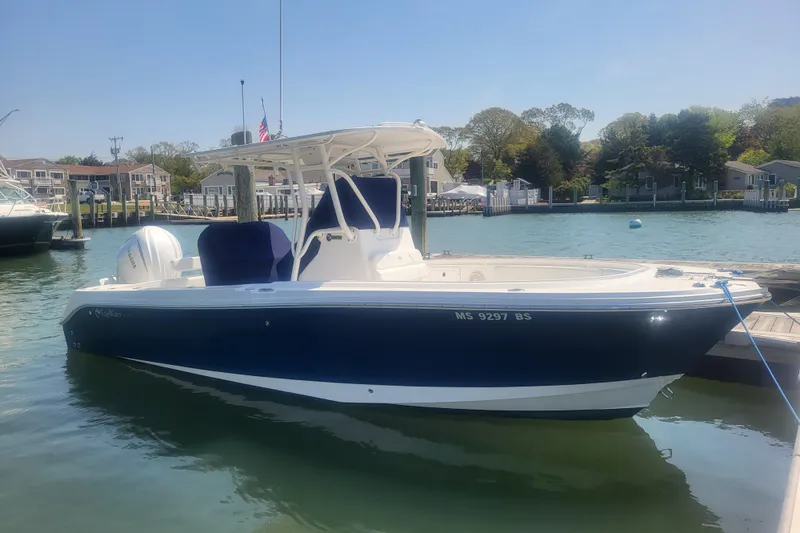Slide: The Image of 2022 Edgewater 245CC boat docked in a marina, featuring a sleek blue and white design. - 19
