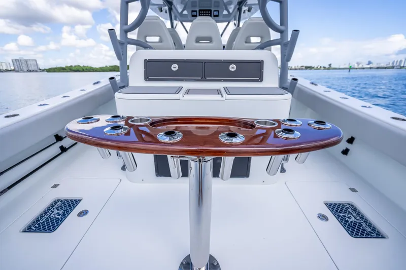Slide: The Image of Luxury fishing boat deck with rod holders, Freeman 42LR, 2020 model, on calm waters. - 16