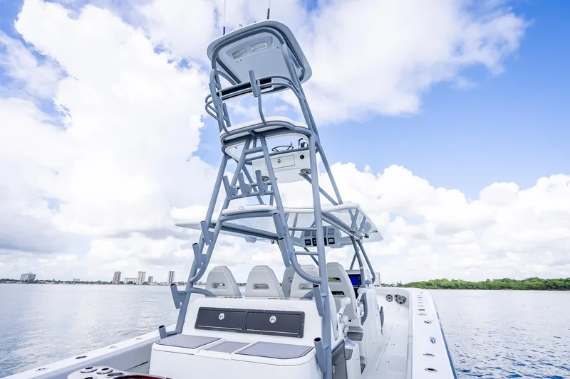 Slide: The Image of Freeman 42LR 2020 boat with tower against blue sky and water backdrop. - 29