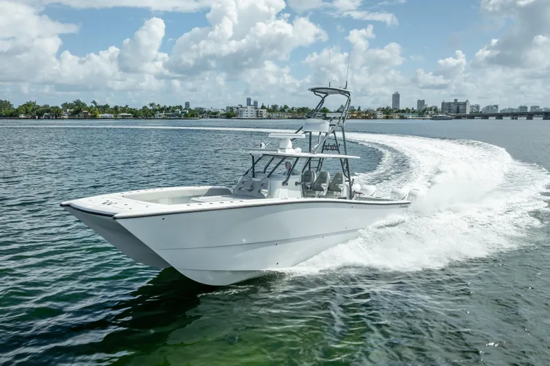 Slide: The Image of Freeman 42LR 2020 boat cruising on water under a partly cloudy sky. - 6