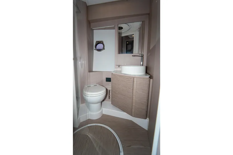 Slide: The Image of Luxurious bathroom in 2022 Ferretti Yachts 500, featuring modern fixtures and elegant design. - 39