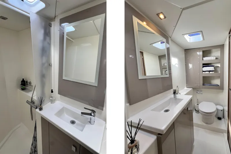 Slide: The Image of Modern bathroom interior of 2017 Fountaine Pajot Lucia 40 catamaran, featuring sleek design and amenities. - 12