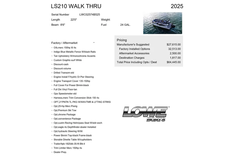 Slide: The Image of 2025 Lowe SS 210 WT boat specifications and pricing details with aftermarket options. - 1